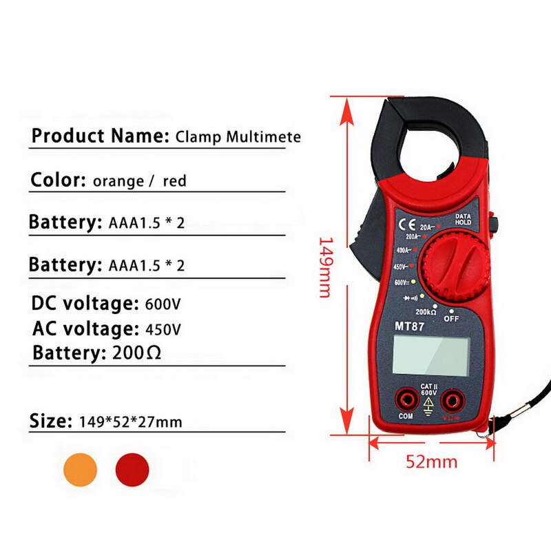1 stk  mt87 klemmemeter lcd digital multimeter måling /dc tester motstand høykvantitet klemmemeter