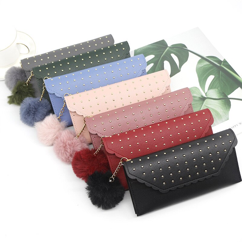 Wallet For Women Retro Rivet Hasp Long Ladies Wallet Card Purse PU Leather Wallet With Fur Ball Ornaments Phone Bag