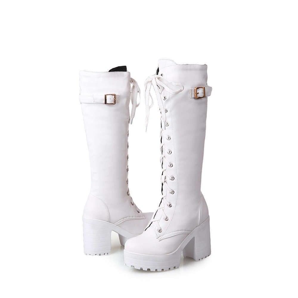 Lente Herfst Vetersluiting Knie Hoge Laarzen Vrouwen Mode Witte Vierkante Hak Vrouw Lederen Schoenen Winter Pu Grote Maat 43