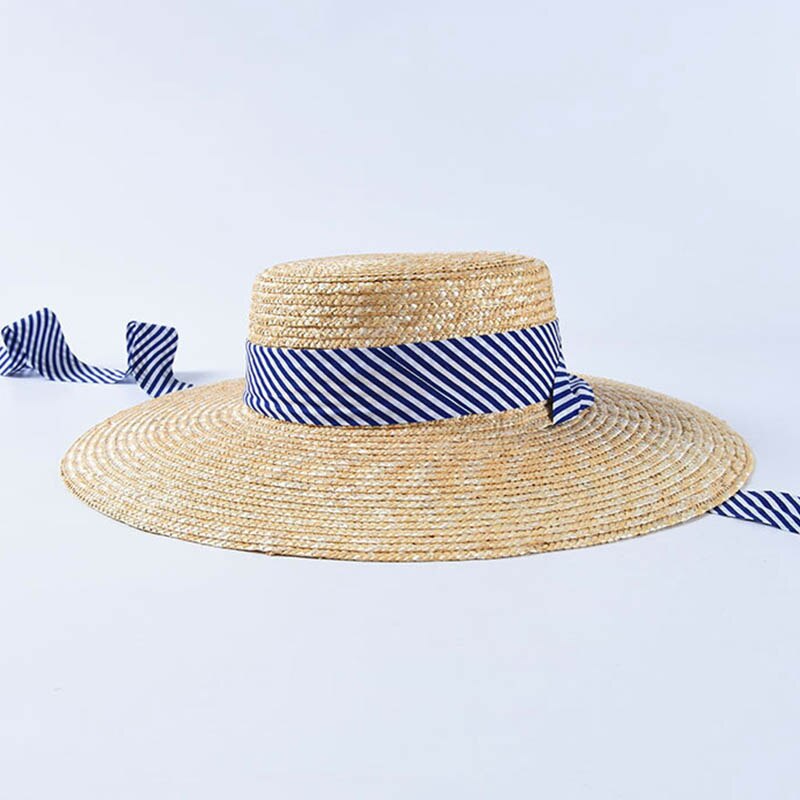 ¡Novedad de ! Sombreros de paja de trigo de ala ancha para mujer, sombrero de sol de playa de verano con cinta a rayas azul marino, sombrero de Boater con lazo, gorro Derby de vacación