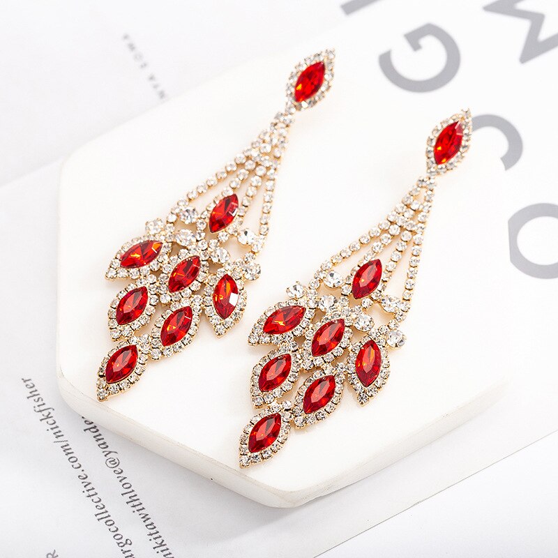 Grote Kristallen Oorbellen Elegante Dame Mode Bruiloft Sieraden Strass Oorbel Voor Vrouwen Prom Party Sieraden Accessoires: red