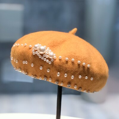 Béret noir rétro britannique pour femmes, automne et hiver, couleur pure, chapeau de peintre de perles en laine, chapeau de citrouille japonais à strass: Yellow