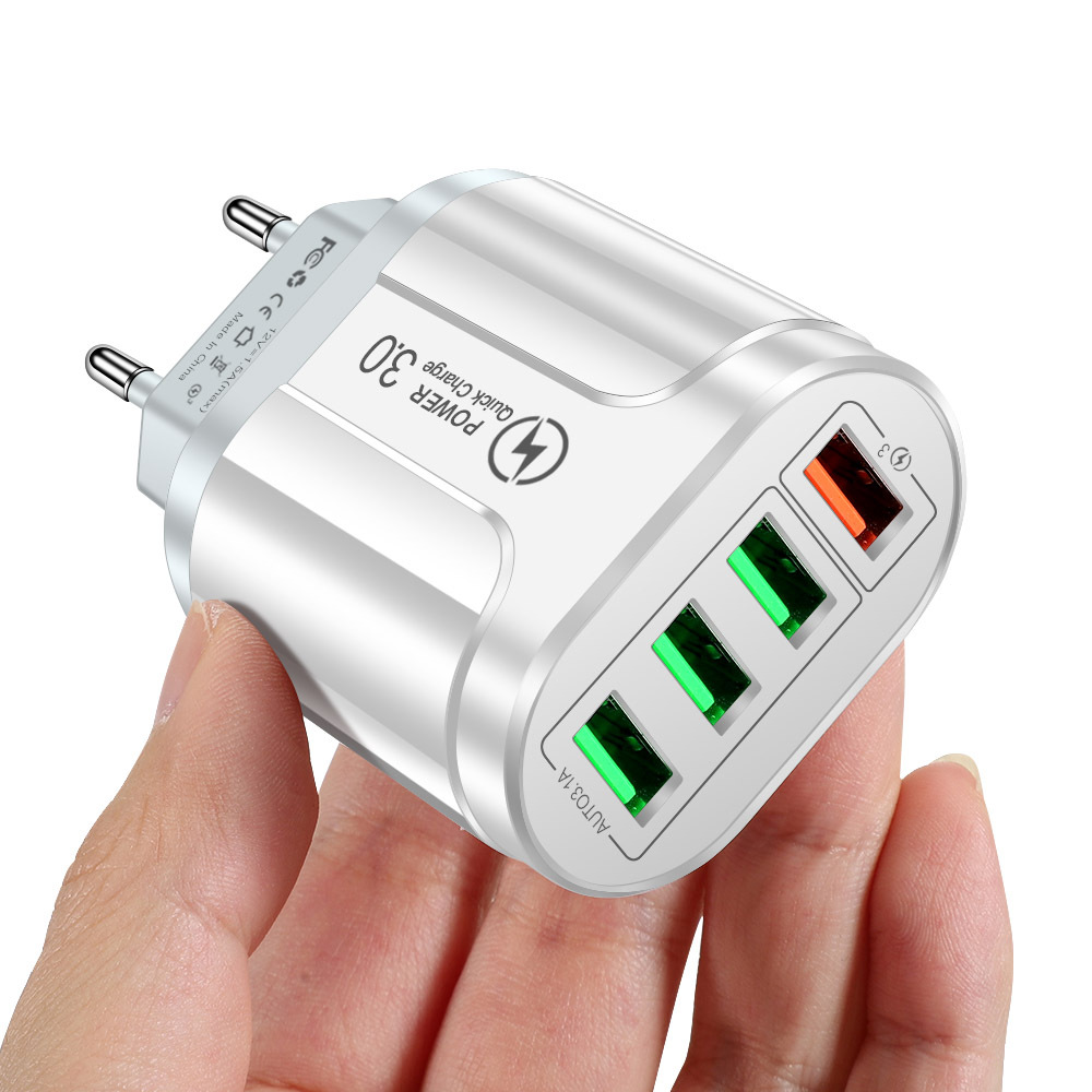 Cargador USB 3.1A de 4 puertos, adaptador de carga rápida, enchufe UE EE. UU. para Iphone POCO Realme Xiaomi, cargador de teléfono móvil QC 3,0, cargador de pared: Blanco