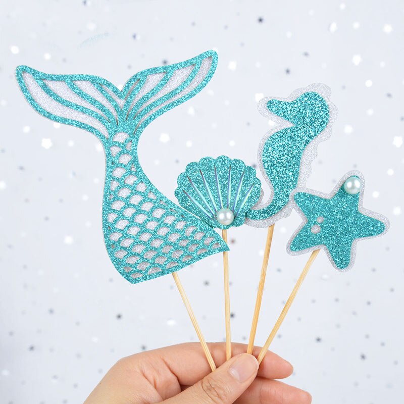 Adornos para pastel de cola de sirena y estrella de mar, decoración para de cumpleaños para niños, decoración para cupcakes, suministros para Baby Shower y boda, 4 unids/set por Set: set3