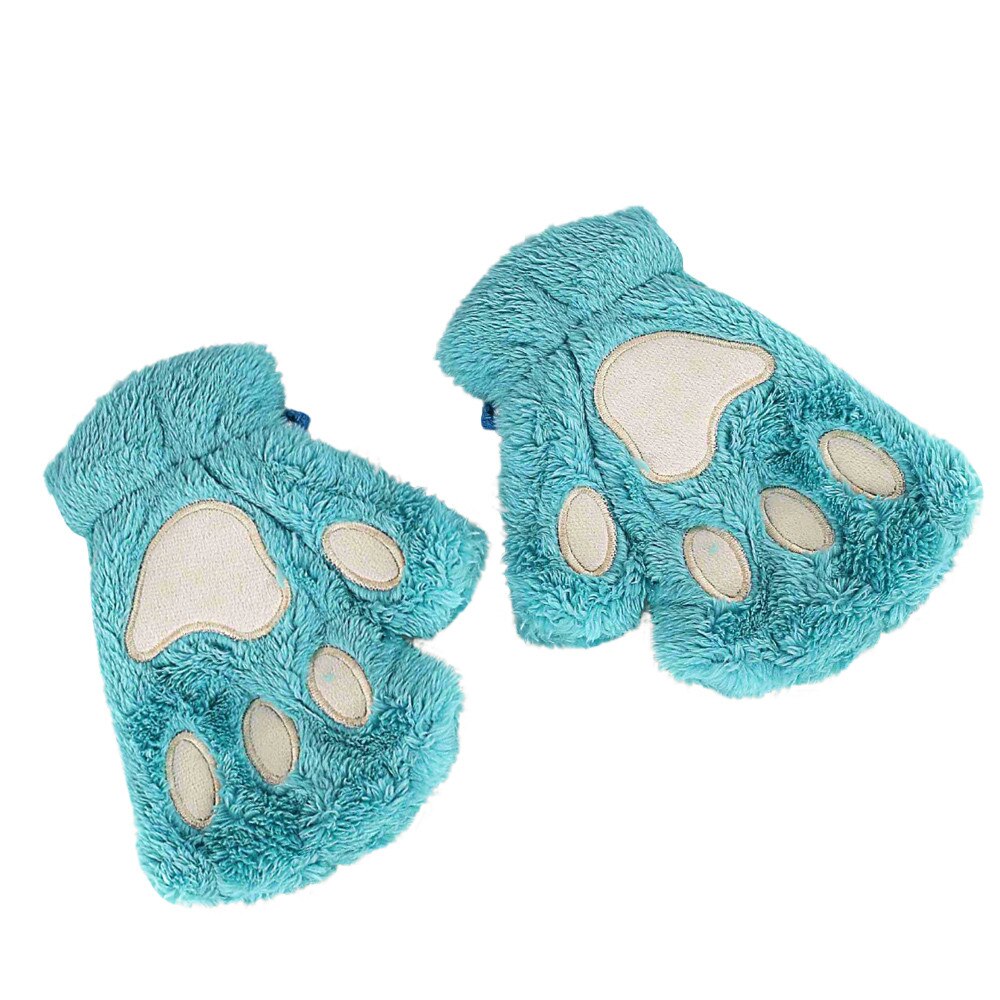 Gants demi-doigt épais en velours pour femmes, garde la chaleur, mitaines en peluche avec patte de chat épaisse, doux: Bleu