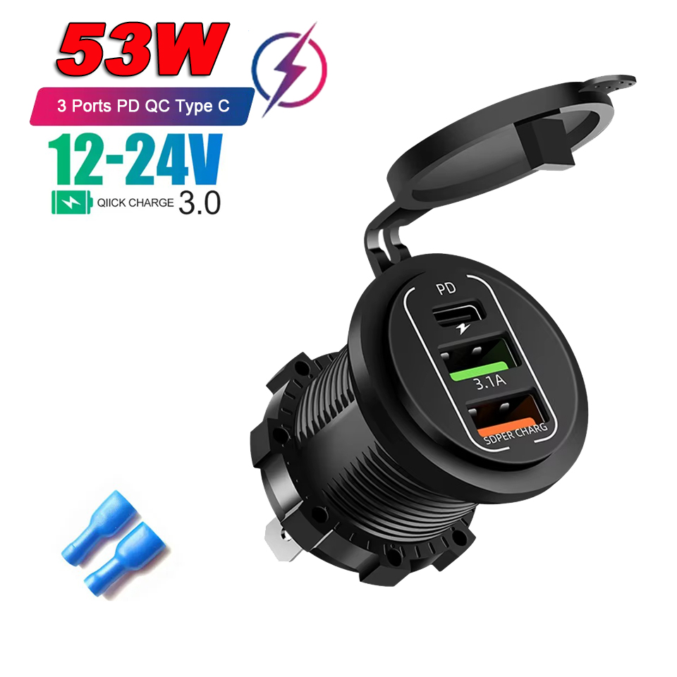 86W Dual QC3.0 USB & Dual PD3.0 Car Charger Power Outlet Socket Type-C Fast Charging Outlet with LED Voltmeter 12-24V For Cars: green