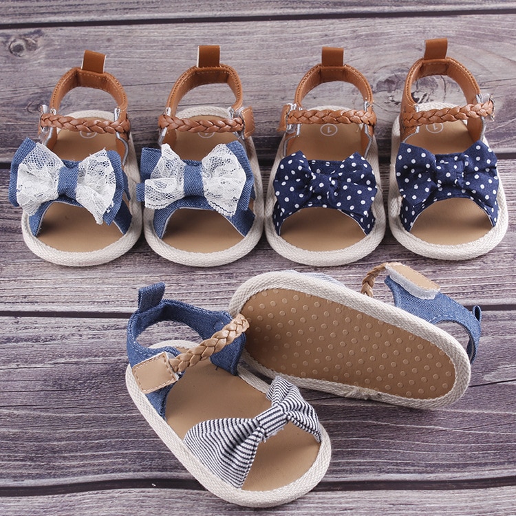 Pigesandaler sommersko lærred børn spædbørn småbørn baby pigesko blød sål sløjfe knude slip prewalkers sandaler