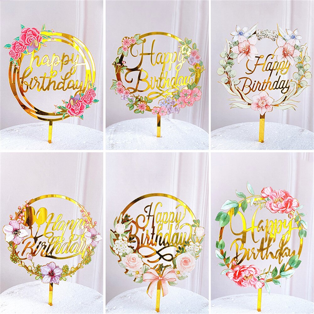 Bloemen Gelukkige Verjaardag Cake Topper Acryl Bruiloft Valentijnsdag Cake Toppers Voor Vrouwen Meisjes Verjaardag Partij Taart Decoraties