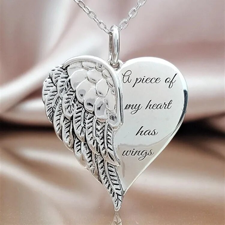 A Piece of My Heart Has Wings Pendant European American Angel Wings Engraved Necklace Jewelry Necklace for Women: SILVER PLATED