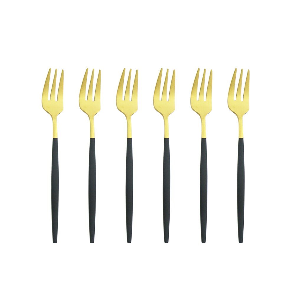 Ensemble de fourchettes à fruits en acier inoxydable, petite fourchette à Dessert en or blanc, ensemble de fourchettes à thé pour gâteau, fourchette à salade, service de couverts 6 pièces: Black Gold