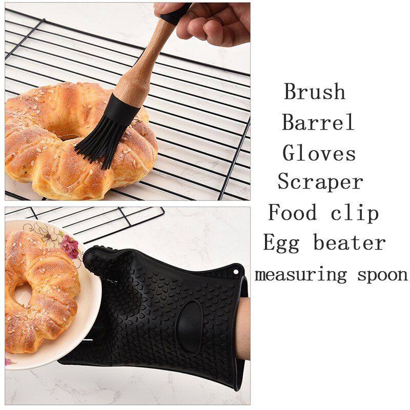 Silicone Cooking Tools Set Wood Turner Soup Spoon Spatula Brush Scraper Pasta Server Gloves Egg Beater Kitchen Utensils Kit Set