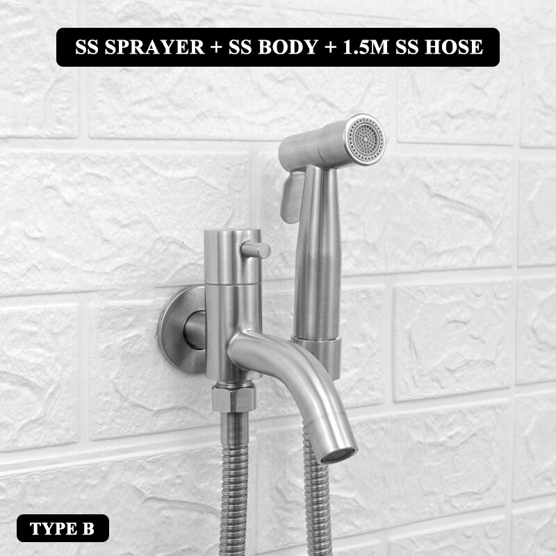 Toilet Bidet Tap Faucet Brushed Stainless Steel Portable Shower Bathroom Bidet Wall Mounted Mop Washer Tap with Shattaf Holder: B Whole Set SS Hose