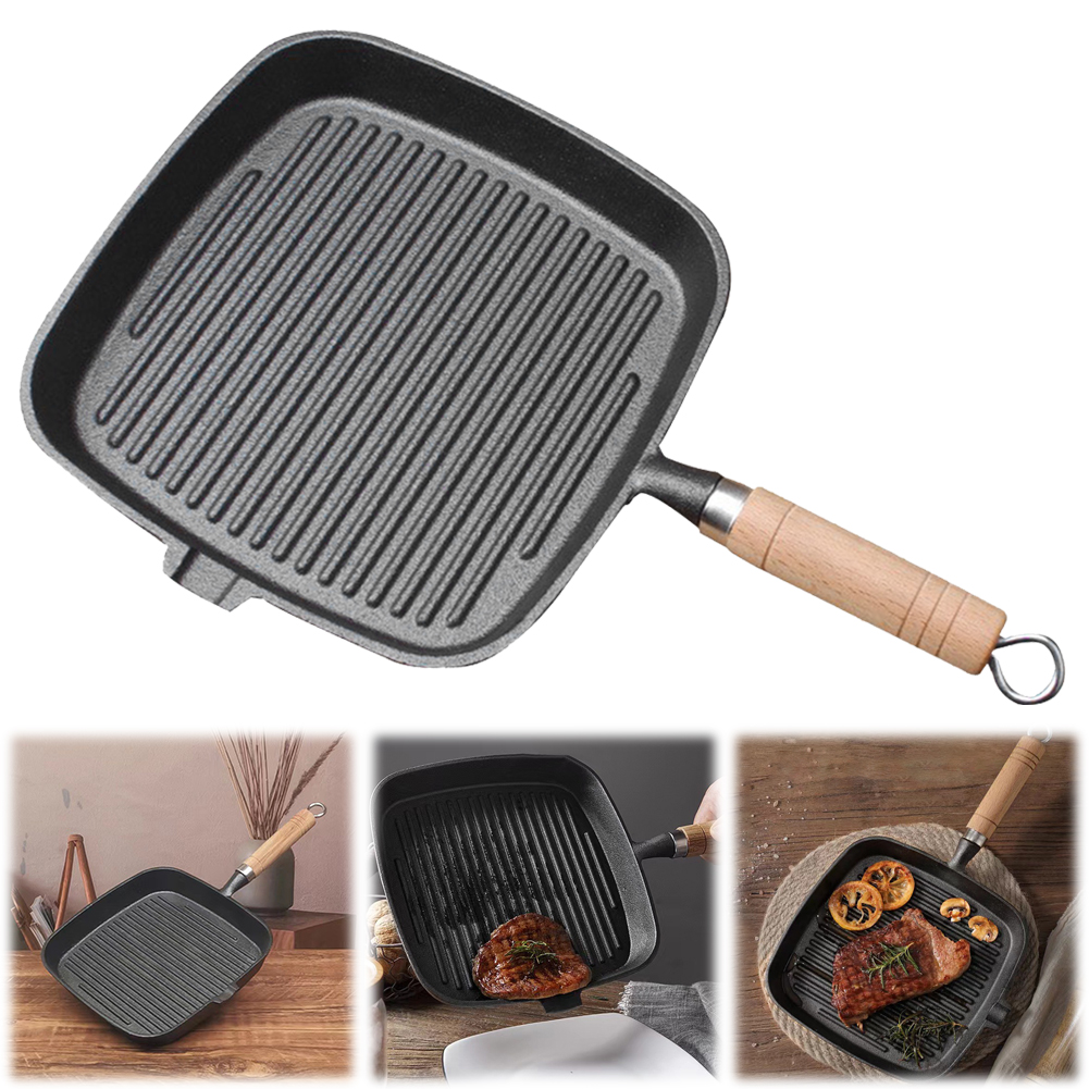 Gusseisen Pfanne Steak Pfanne mit Holzgriff unbeschichtete Antihaft-Bratpfanne Steak Braten Topf Steak Pfanne für Camping