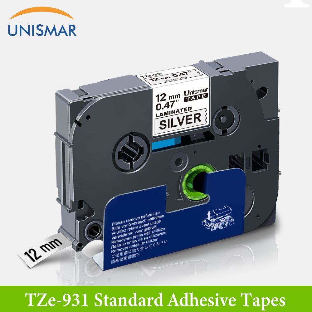 Unismar blanco en claro TZ-135 12mm cinta para etiquetas laminada hermano TZe 334 TZ cinta para P touch PT-D210 PT-H110 fabricante de etiquetas: Black on Silver