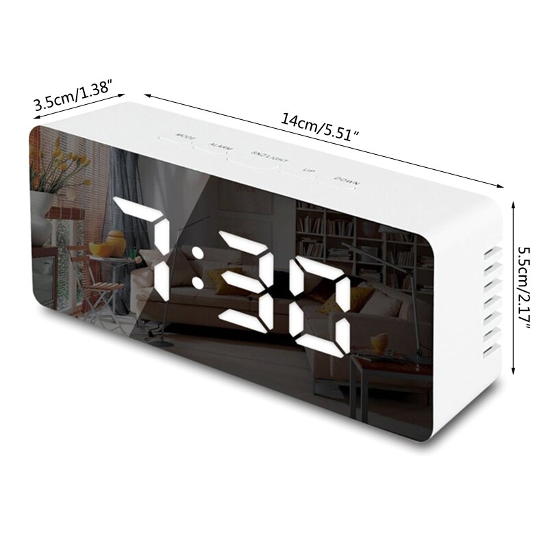 Digitale Led Spiegel Wekker Snooze Elektronische Grote Tijd Temperatuur Display Usb-poort Batterij Aangedreven