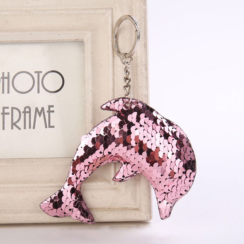 Delfin stjärna enhörning nyckelring glitter pompom paljetter nyckelring för kvinnor llaveros mujer bilväska tillbehör nyckelring: Delfinrosa