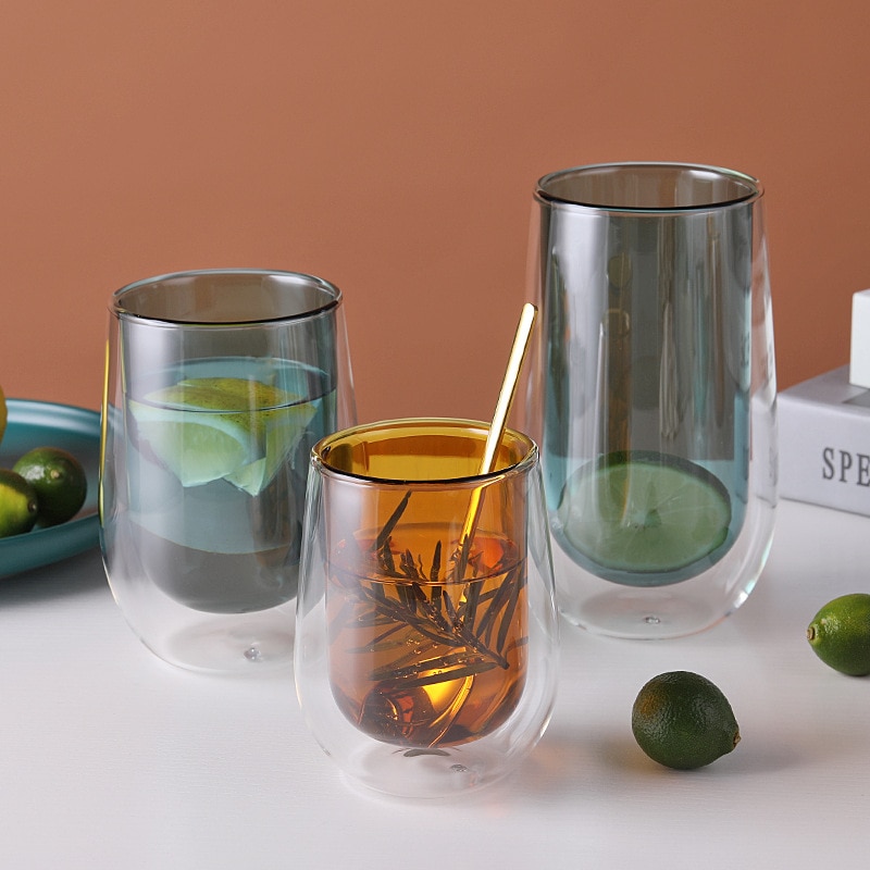 Dobbeltlags glasskopp 200/300/400ml farger høy temperaturbestandig kaffe melk juice kopp glass krus vinglass drikkevarer