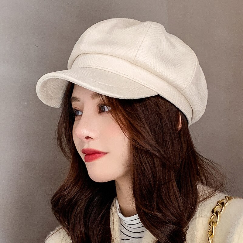 HT3389 Women Berets Striped Octagonal Newsboy Cap Vintage Artist Painter Beret Hat Female Autumn Winter Hat Beret Cap: Beige