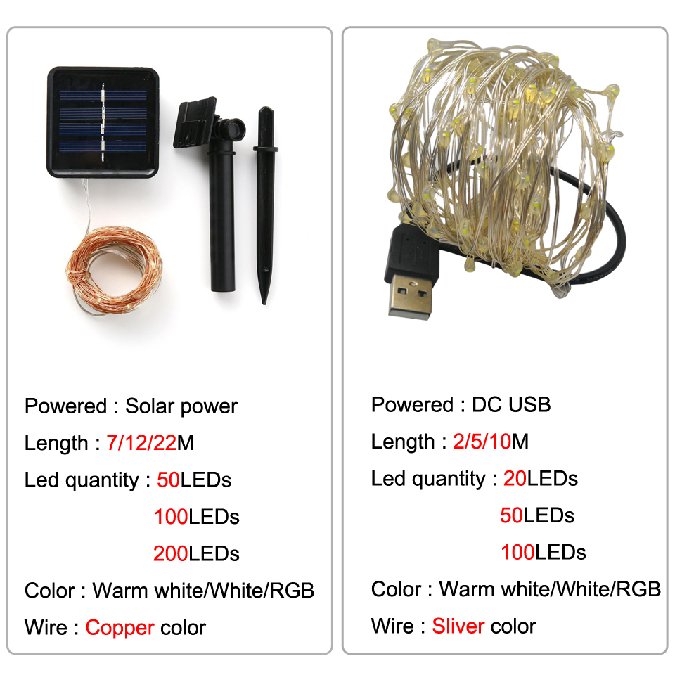 22m 12m 10m 5m solar led trädgårdsgång ljus usb fe utomhus girlander ljusslingor landskap belysning fest dekorativt