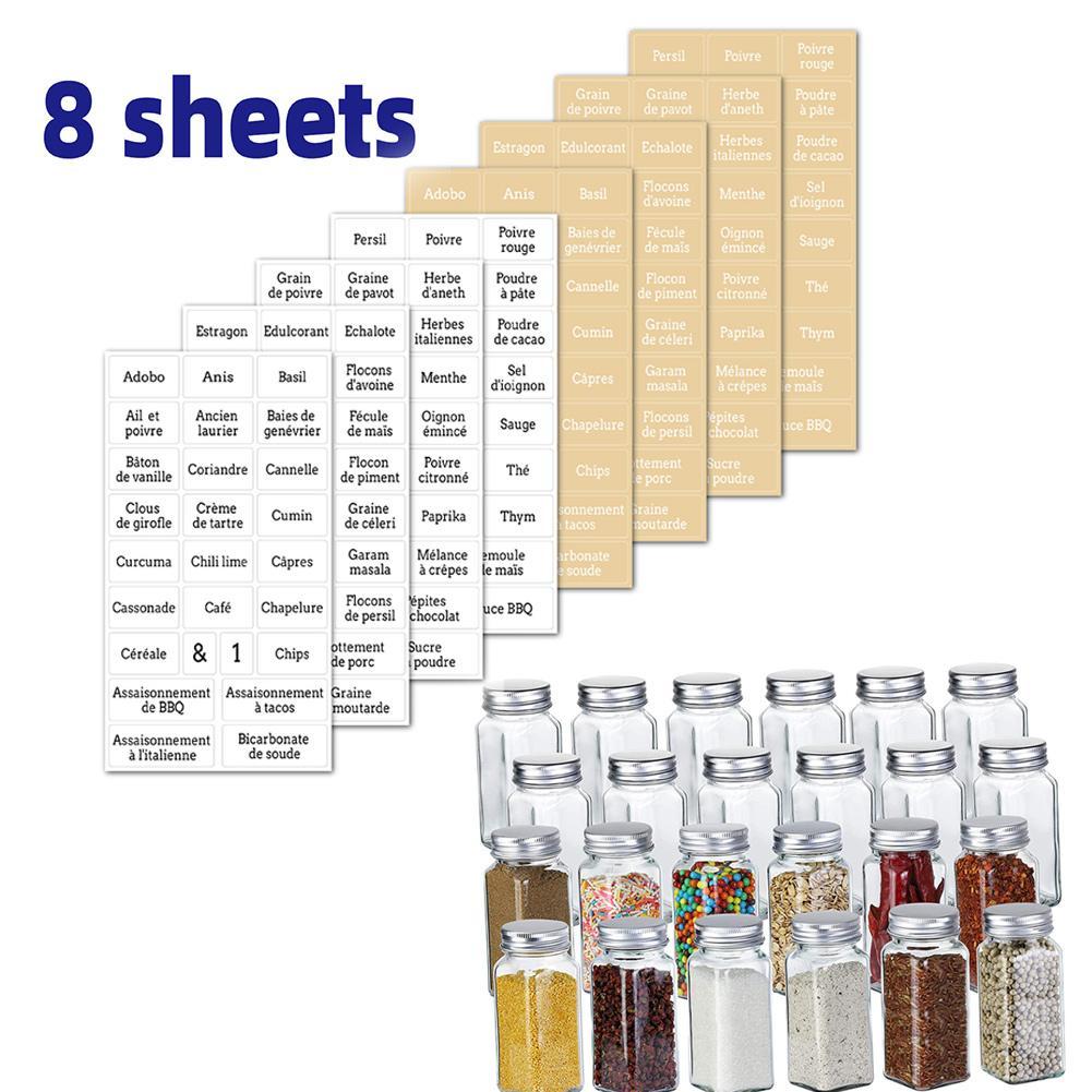8 sheets Self-Adhesive Transparent Spice Stickers Waterproof Seasoning Preprinted Jam Marks Stickers Pantry Labels Stickers