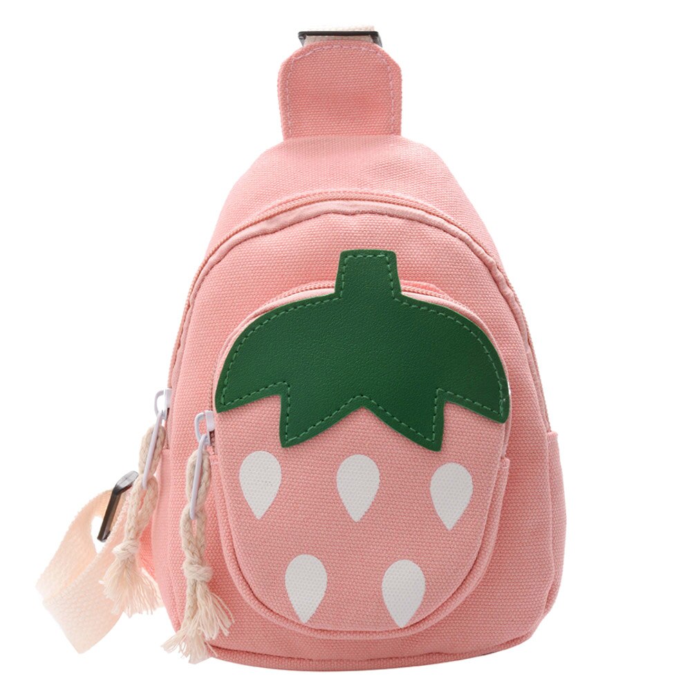 Leuke Aardbei Patroon Canvas Schoudertassen Portemonnee Kinderen Dubbele Laag Borst Crossbody Rugzak: Pink