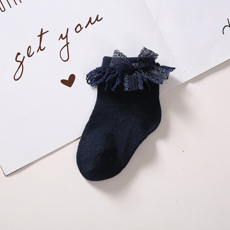Dentelle à volants bébé chaussettes couleur unie mignon nœuds princesse bébé fille chaussettes doux printemps automne infantile enfant en bas âge chaussettes Sokken: Dark Blue / 7-12M