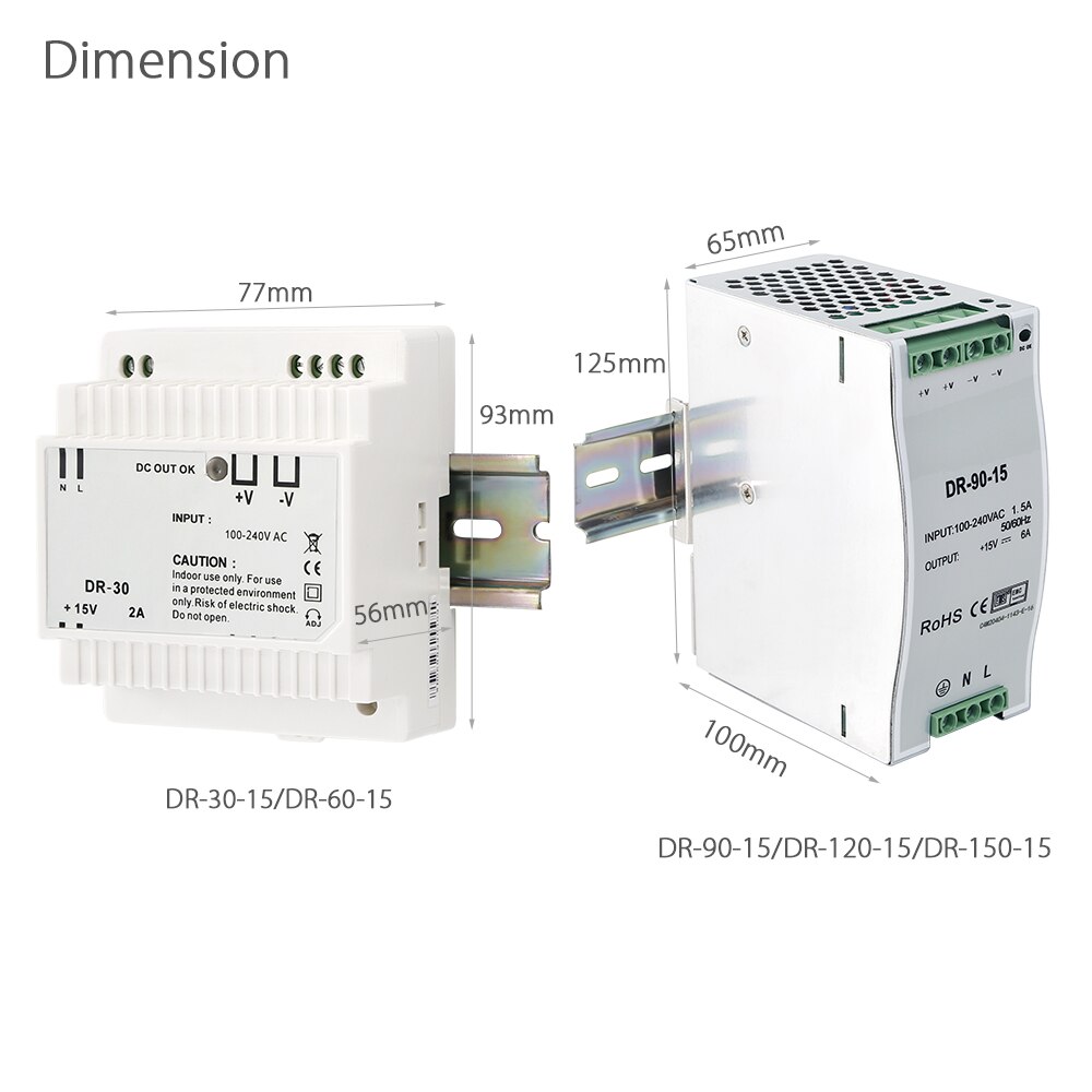HOMSECUR 15V 30W/60W/90W/120W/150W Din Rail Single Output Switching Power Supply For Video Door Intercom System