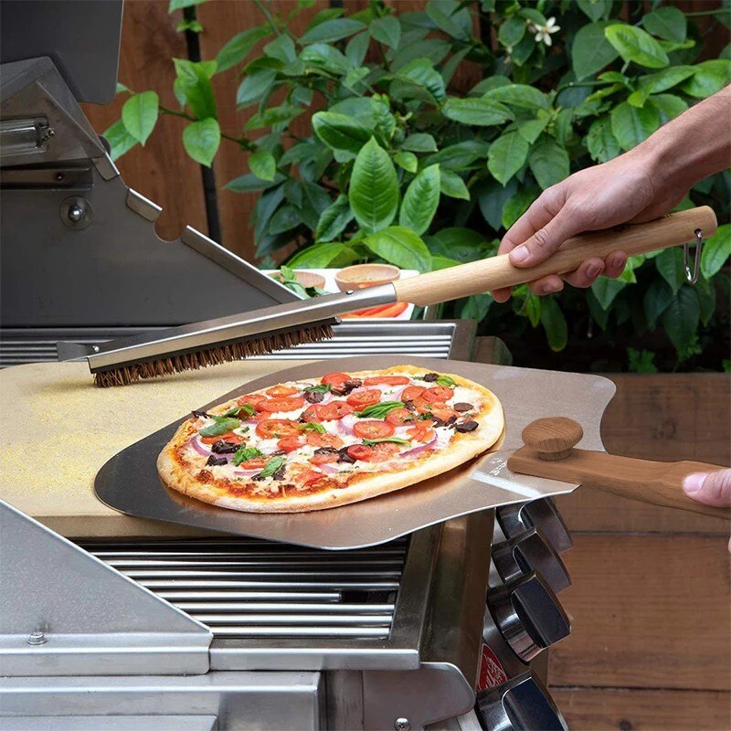 D2-Pala de aluminio plegable para Pizza, pala con mango de madera de 16 y 14 pulgadas, Kit de accesorios para horno de cocina, herramienta portátil para hornear barbacoa