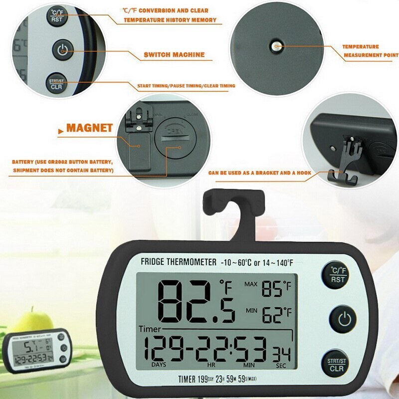 Hanging Magnetic Refrigerator Digital Alarm Thermometer Temperature Gauge for Fridge Freezer with Battery Included^o^