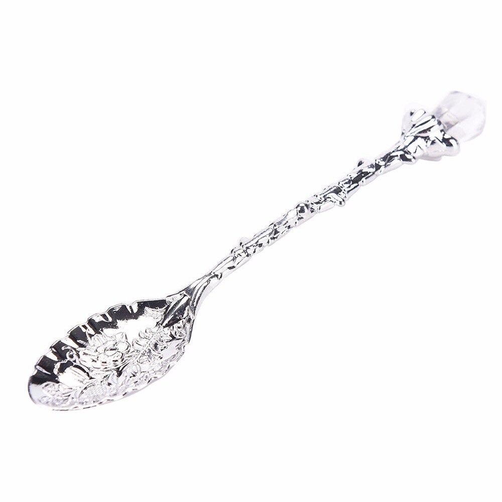 1pc Alloy Crystal Retro Coffee Tea Spoon Carved Flower Small Spoonful Dessert Spoons For Afternoon Tea Little For Souvenir: silver