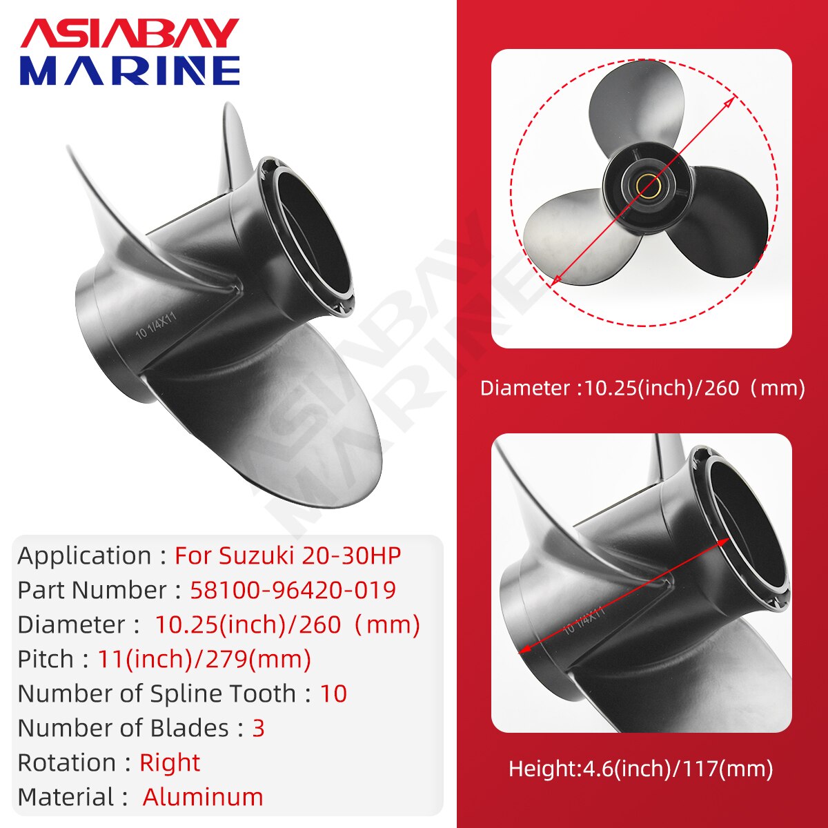Voor Suzuki Buitenboordmotor Propeller 20Hp 25Hp 30 Hp 10 1/4X11 Boot Motor Aluminium Schroef 3 Blade 10 Spline Fit 20 25 30 Hp 10.25*11Inch