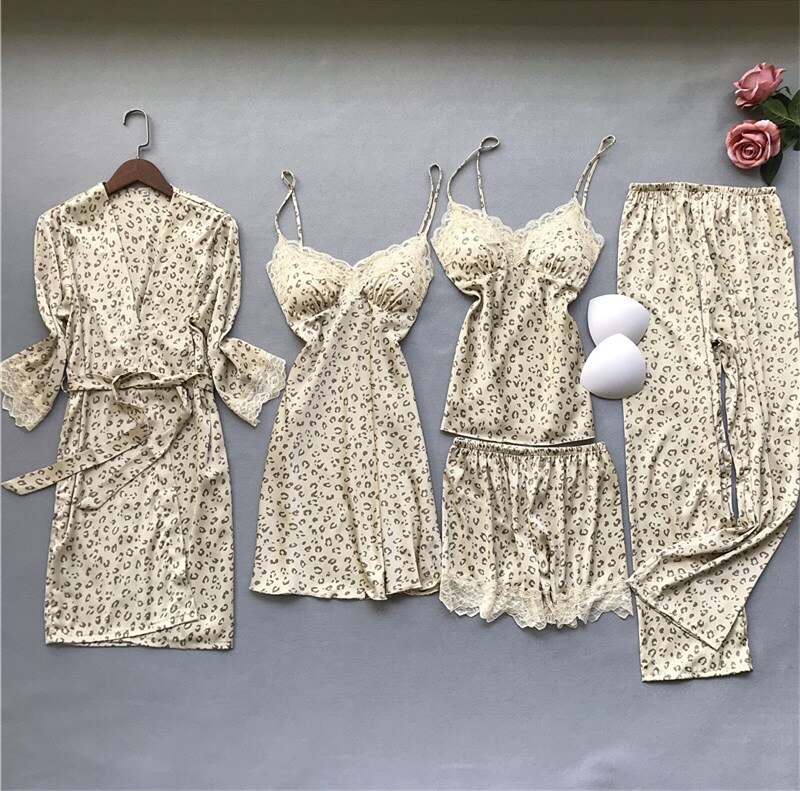 5pcs summer Sexy Leopard satins ice Silk robe suits women pajamas sets Korea Retro Spaghetti straps shorts women sleepwear: Khaki / M 45-50kg