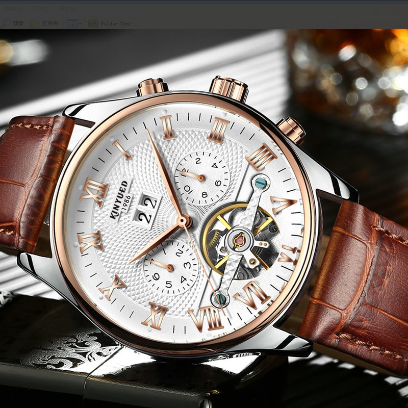 KINYUED Skeleton Tourbillon Mechanische Horloge Mannen Automatische Classic Rose Gold Leather Mechanische Horloges Reloj Hombre