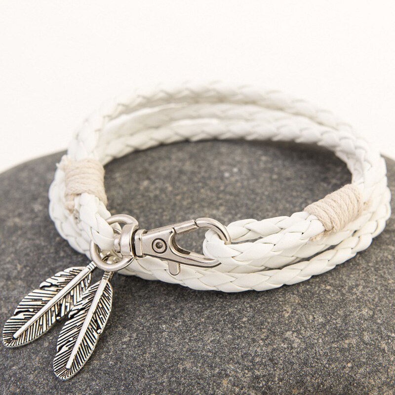 Leather Wrap Braided Wristband Retro Leaves Cuff Punk Men Women Couple Friendship Bracelet Bangle