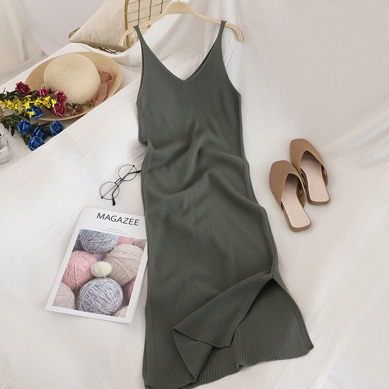 Robe élégante en tricot pour femme, tenue de soirée, couleur unie, col en v, fendue, sans manches, à la: green