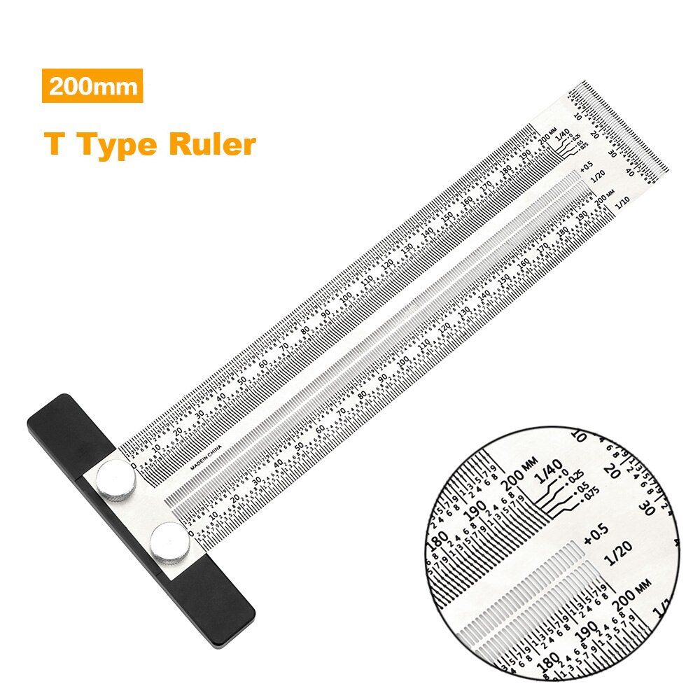 Pyssel hög precision linjal metall linjal t-typ hål linjal mätare snickare träbearbetning rita mark linje mätverktyg: 200mm
