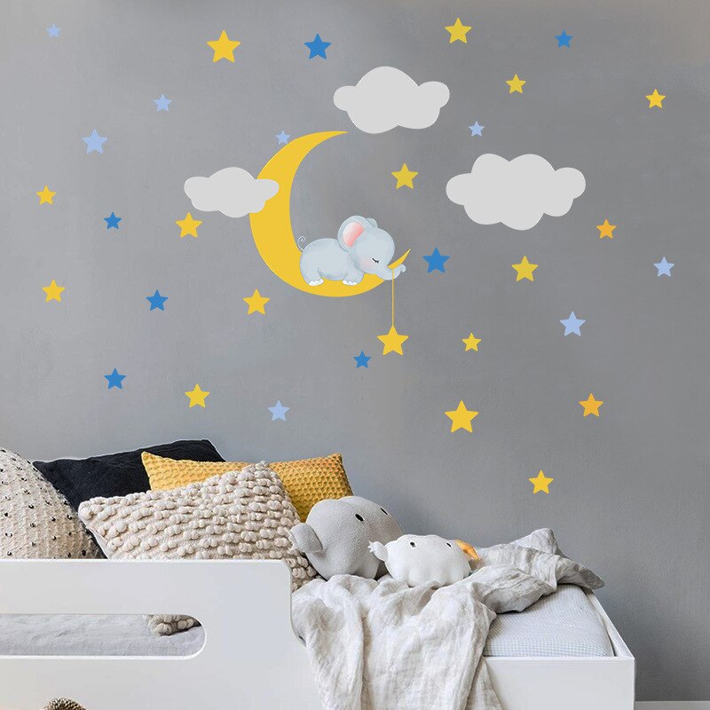 Tegneserie baby elefant måne stjerne wallsticker baby børneværelse soveværelse tapet stue til boligindretning smukke klistermærker