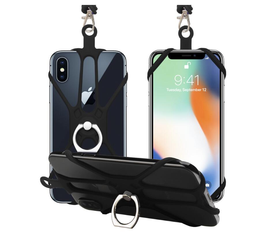 Lanière universelle pour téléphone Silicone sport sangle de téléphone portable longes de téléphone porte-anneau: black