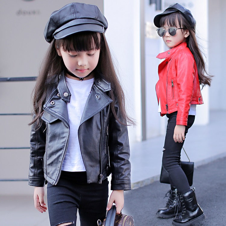 girls pu jacket rivet zipper cool jacket Leather clothing for girls 5-13 years oldClassic collar zipper leather motorcycle