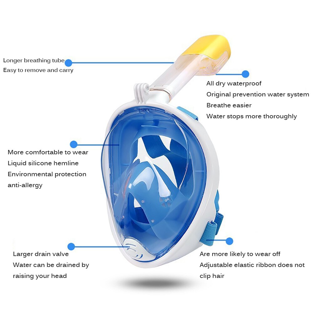 Full Face Snorkel Mask - Camera Mount - Anti-Fog - Safety Diving Swim Mask