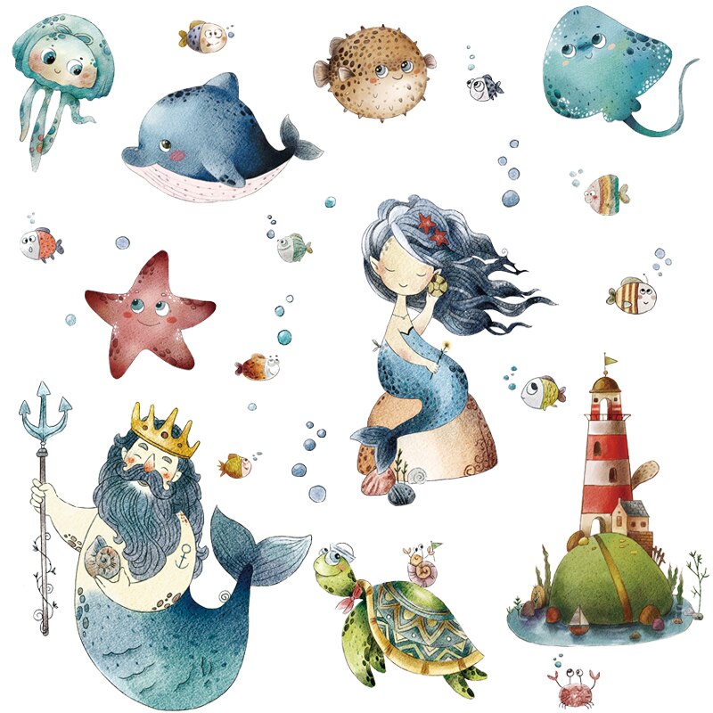 Cartoon Mermaid Wall Stickers Kid's Bedroom Bathroom Marine Animals Stickers Wall Decals Waterproof Posters Films
