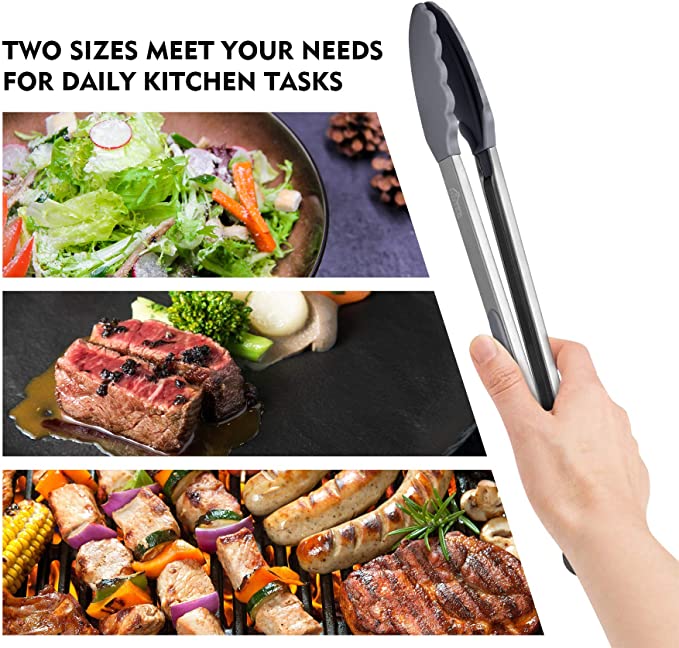 Hotec Premium Stainless Steel Locking with Silicon Tips Food Grade Silicone Tong Bread Serving Kitchen Tools BBQ