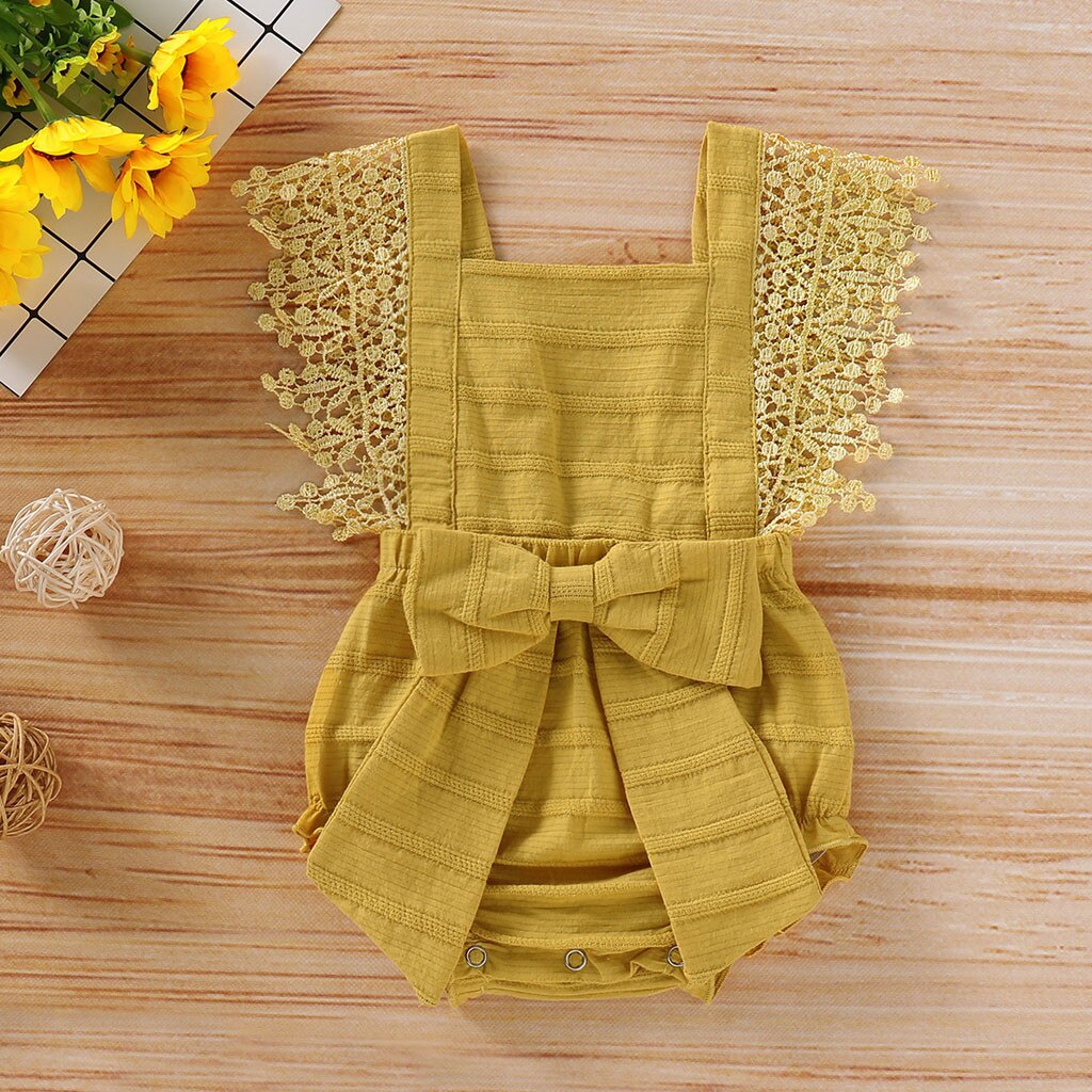 Del bambino Vestiti Della Ragazza 0-18M Body E Tutine Vestiti Per Ragazze Infante Appena Nato Del Bambino Della Ragazza del Ragazzo Solido Dell'arco Del Merletto Vestiti Del Pagliaccetto Della Tuta abiti: Yellow / 3-6M