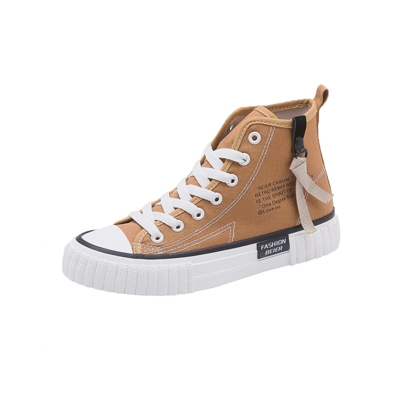 Vrouwen Canvas Schoenen Lente Meisje Casual Schoenen Platte Hak Hoge Top Rits Effen Kleur Sneakers Studenten kaki