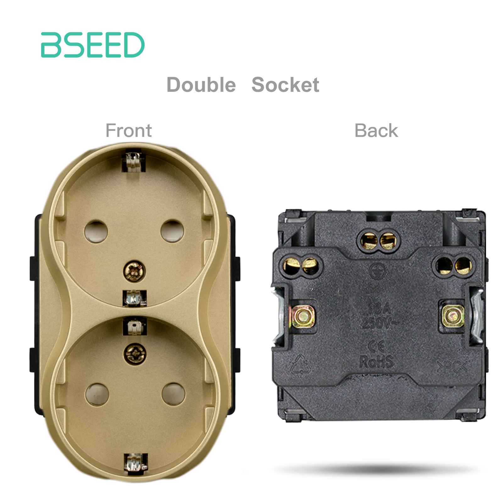 BSEED EU standard 86mm Double Sockets Module DIY Parts Plastic Materials EU Wall Socket Insert Function Key for Frame Part: Gold
