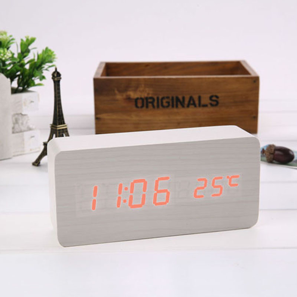 Wooden Alarm Clock Sound Control LED Digital Alarm Clock Electronic Temperature Display Desk Table Clock Auto Brightness Adjust