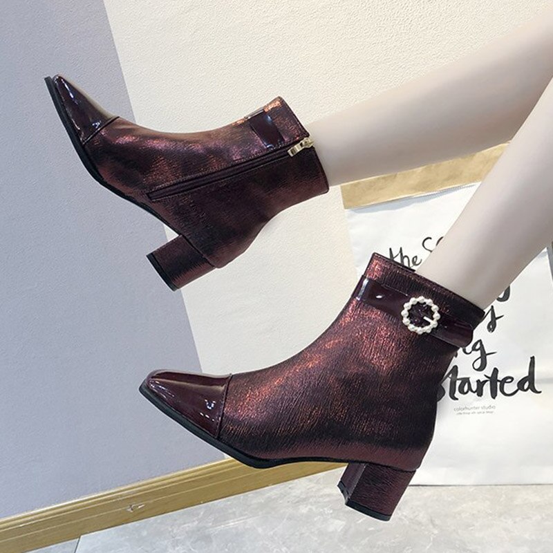 Femmes bottines perle boucle robe chaussures hiver nouvelle perle chaussons dames chaussures carré talon botas mujer 8592N