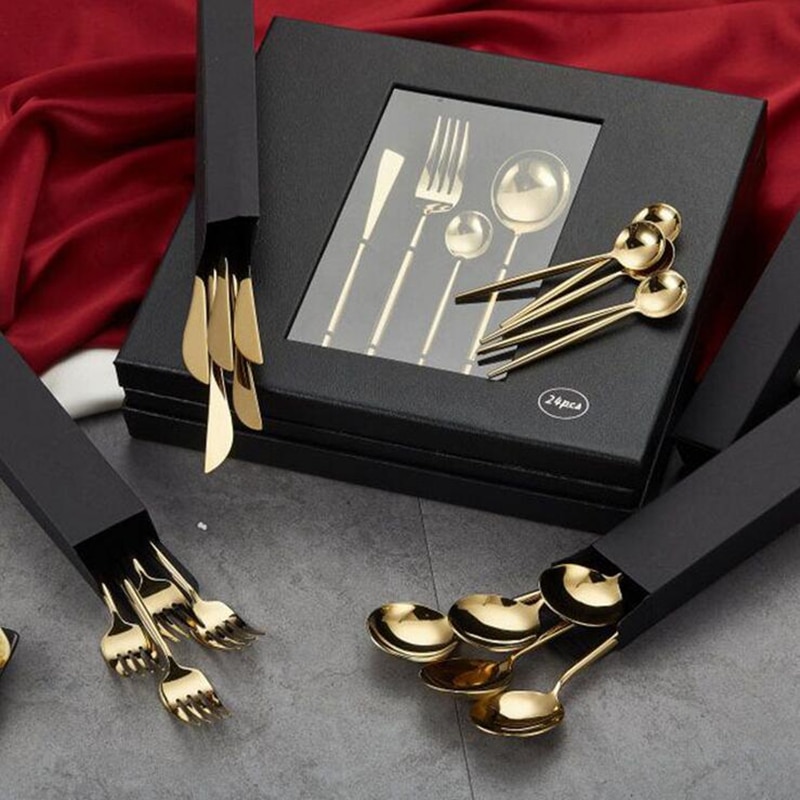 24 Pcs Kubac Hommi Luxe Golden Rvs Set Shiny Gold Bestek Set Met Luxe Geschenkdoos