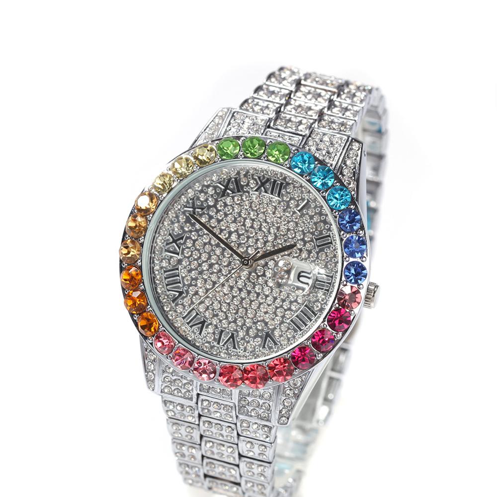 Inew Missfox Grote Rainbow Diamond Luxe Heren Horloges Top Luxe 18K Gold Mannen Horloge Luxe Iced Out quartz Wristwat