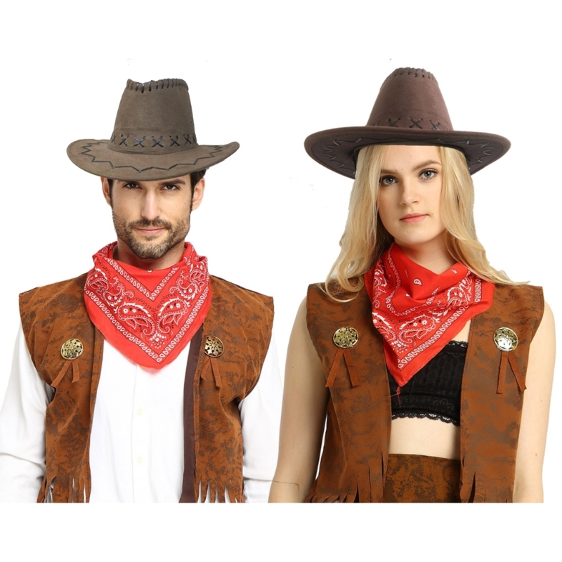 Klassische Cowboy-Kostüme, einschließlich Cowboy-Hut, Westen, Schal, bequemes Tragen für Männer und Frauen, Halloween, Party, Cosplay